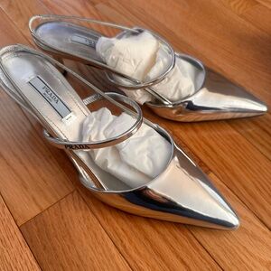 Prada Silver Metallic Heels with Intricate Straps